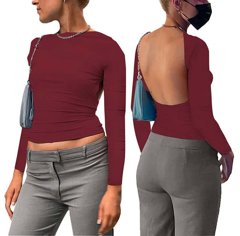 Backless Short Sleeve Blue Y2K Crop Top Women Casual O Neck  Summer T Shirts Sexy Vintage Cut Out