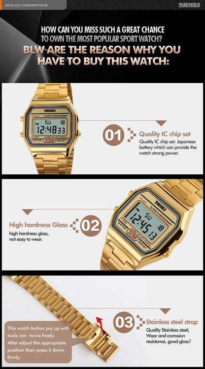 SKMEI 1123 Luxury Retro Digital Sports Watch for Men Stainless Steel Waterproof Mens Wristwatches Steel Clock 1328 Reloj Hombre