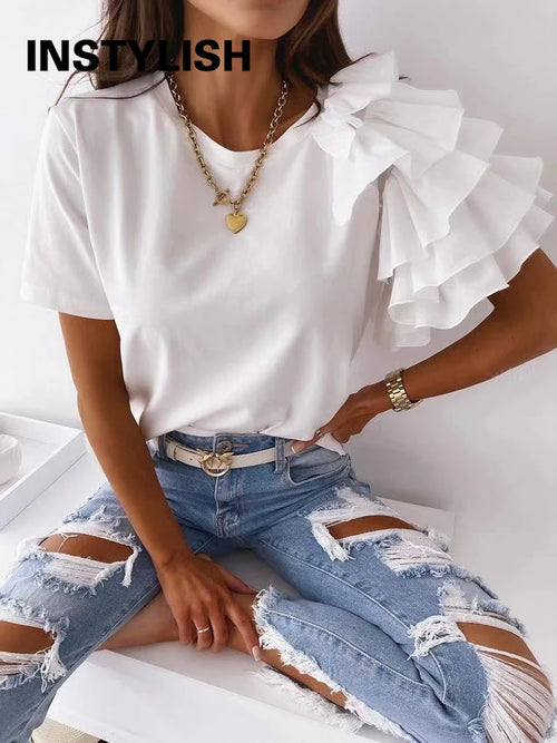 Women Summer Ruffles Short Sleeve Loose T Shirt Chic Elegant Solid O Neck Tops Casual Simple All Match Tee Streetwear Blouse