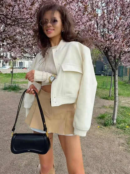 MUJER 2025 Woman Bomber Jacket White Autumn Winter Button Cropped Jackets for Women Fashion Long Sleeve Women Coats Outerwears