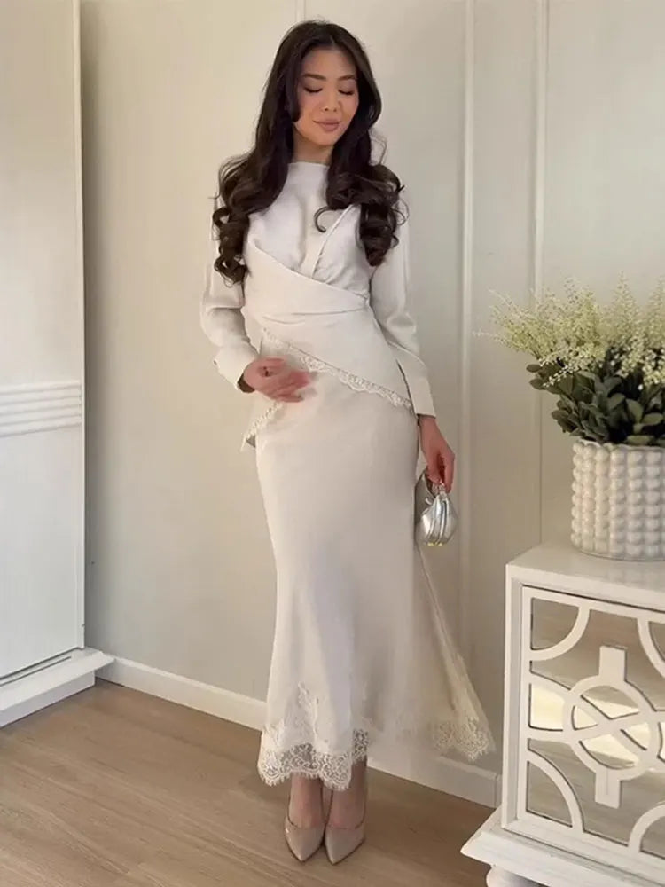 Lace Trim Women's Dress Long Sleeve Wrap O-Neck Top Midi Slim Skirt Satin Elegant Party Evening Dresses Trendy Outfit Ladies