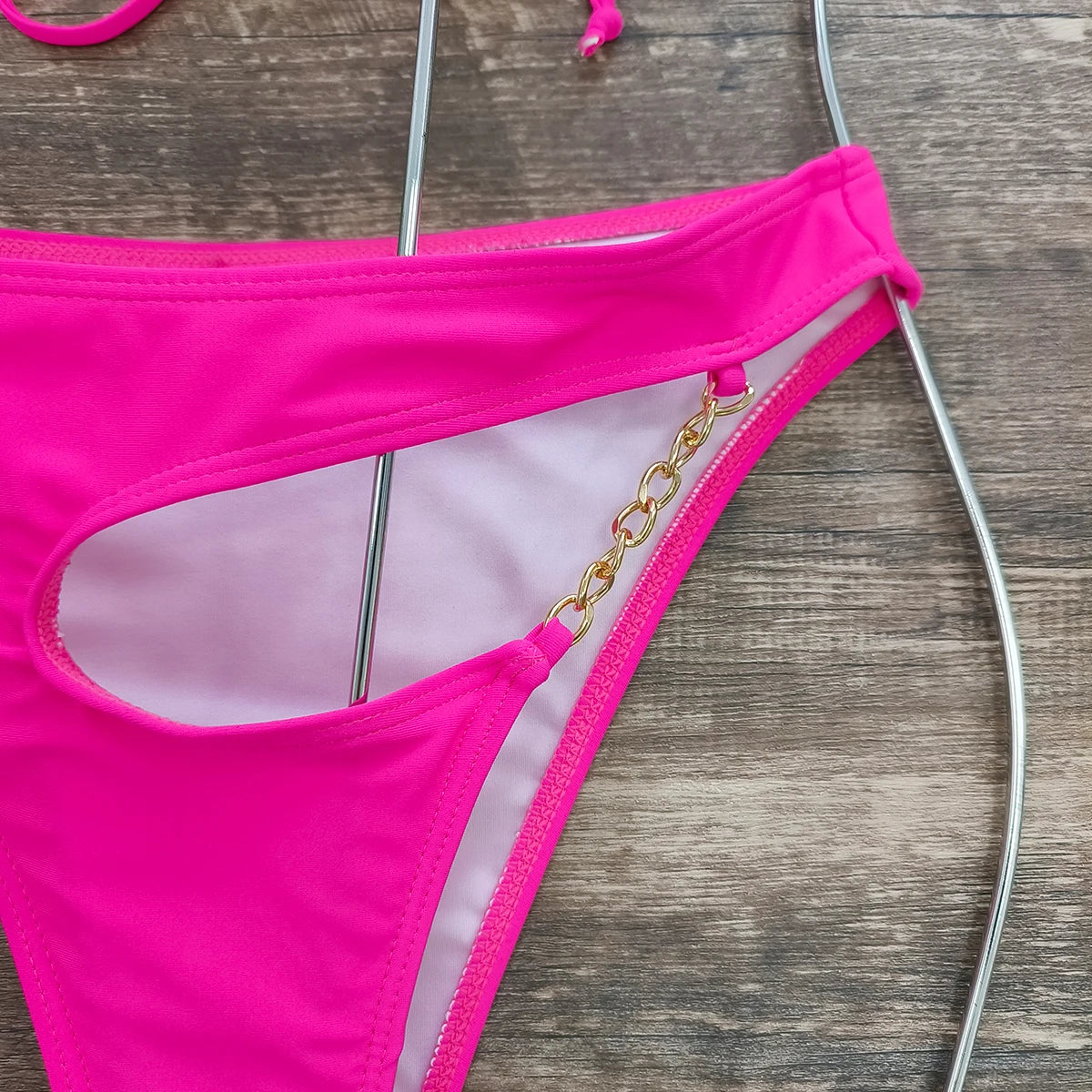 Brazilian Bikini Swimsuit for Women, Ring Linked Halter, Swimwear, Beachwear, 2025