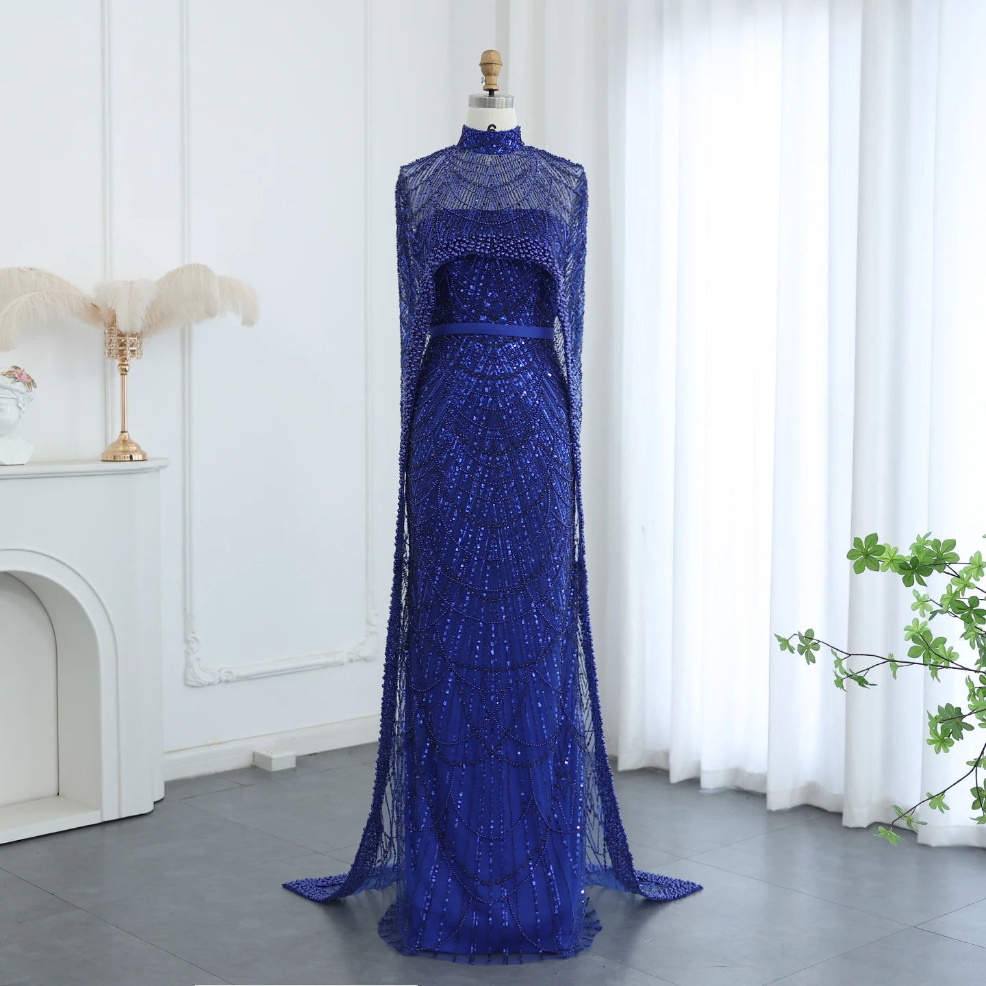 Sharon Said Luxury Pearls Dubai Champagne Evening Dresses with Cape New Arabic Women Mermaid Wedding Party Prom Dress SS369