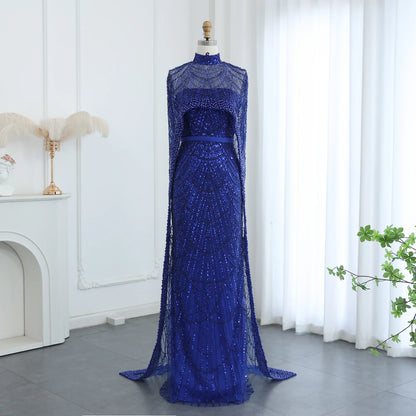 Sharon Said Luxury Pearls Dubai Champagne Evening Dresses with Cape New Arabic Women Mermaid Wedding Party Prom Dress SS369