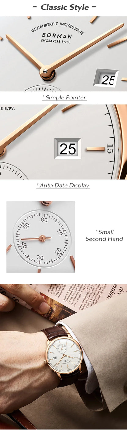 BORMAN Luxury Mens Automatic Mechanical Watch Rose Gold Case Sub Dial Sport Watches Genuine Leather High Quality Gentleman Clock