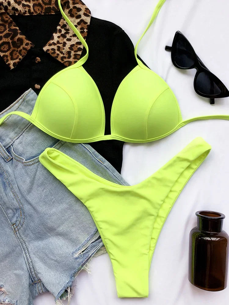 2025 Halter Bra Cup Bikini Women Swimsuit Female Push Up Swimwear Two Pieces Bikini set Brazilian Bather Bathing Suit Swim Lady