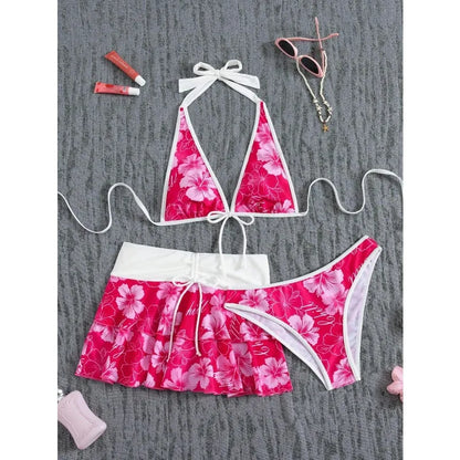 Elegant Floral Color Block Swimsuit Women Triangle Halter High-Waist Bikini Set Cover Up Skirt 2026 New Micro Bikini Three-Piece