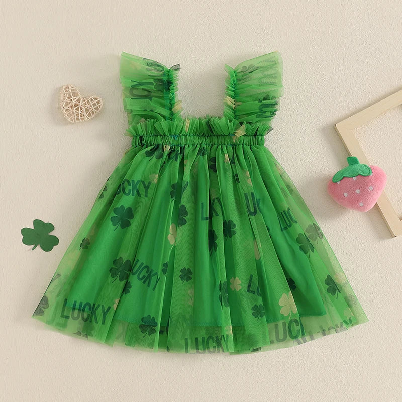 MISOWMNJOY Summer Baby Girls Chiffon Dresses Princess Sleeveless Clover Strawberry Print A-line Dress Mesh Tulle Kids Sundress