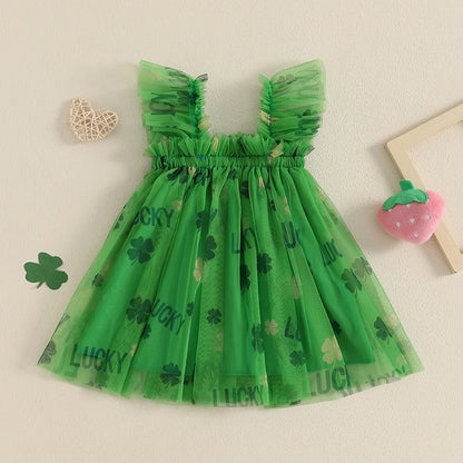MISOWMNJOY Summer Baby Girls Chiffon Dresses Princess Sleeveless Clover Strawberry Print A-line Dress Mesh Tulle Kids Sundress
