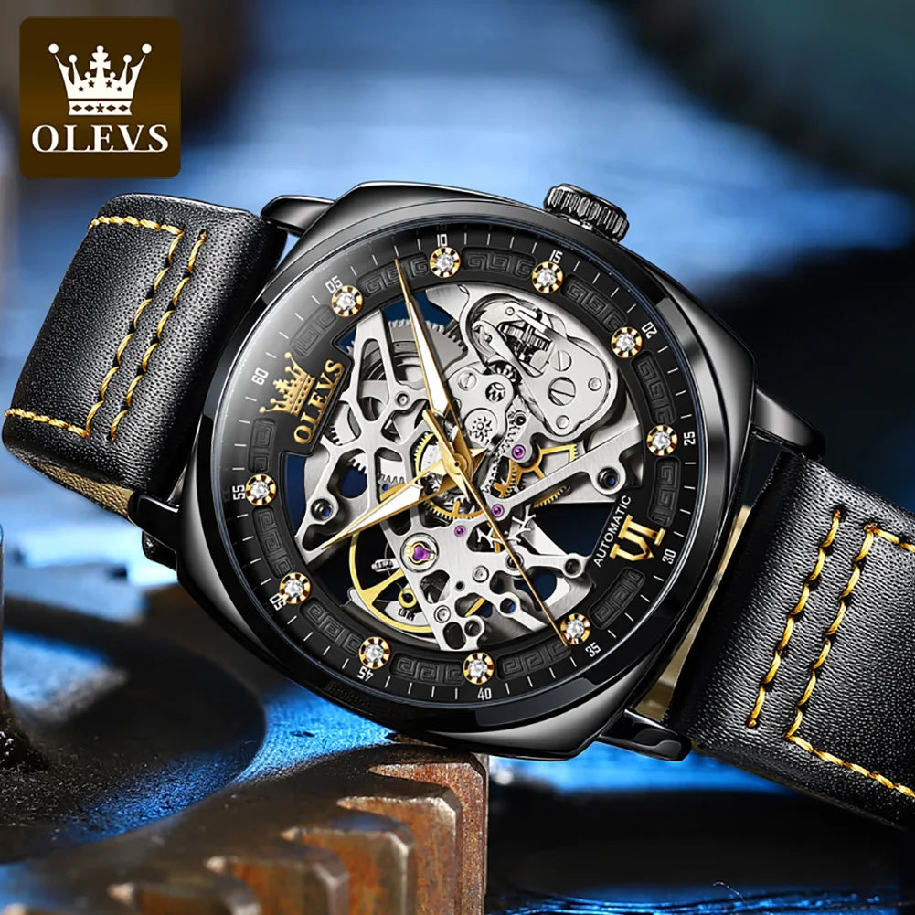 OLEVS 6651 Transparent Hollow Automatic Watches for Men Leather Strap Tonneau PUNK Style Mechanical Writwatch Luxury Man Watch