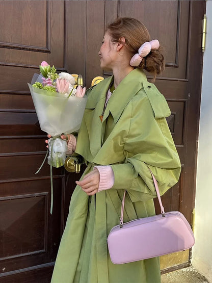 Women Green Lapel Trench Coat Fashion Belted Long Sleeve Loose Outerwear Chic 2025 New Autumn Street Travel Leisure Lady Outwear