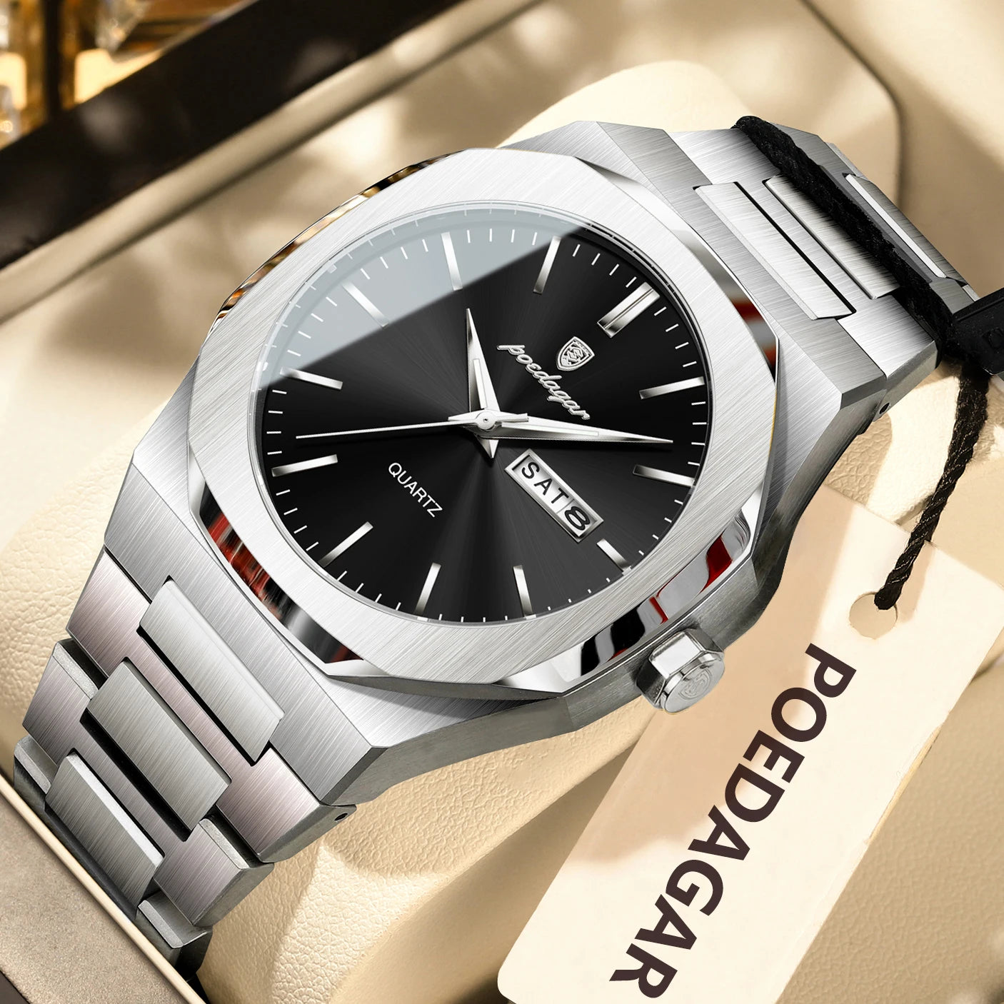 POEDAGAR Fashion Brand Man Clock Luminous Waterproof Stainless Steel Men's Watch Date Week Quartz Business Watches For Men Reloj