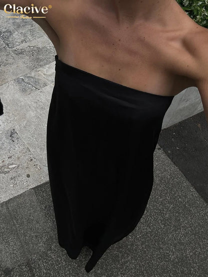 Clacive Summer Loose Black Women's Dress 2025 Fashion Strapless Sleeveless Maxi Dresses Sexy Classic Solid Dress Female Clothing
