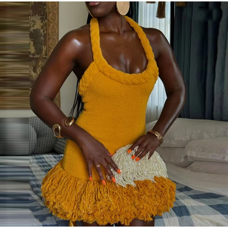 Tassels Hem Twist Strap Knitted Dress Women Sleeveless Backless Slim High Waist Dresses Female Holiday Evening Bodycon Robe