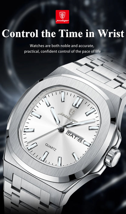POEDAGAR Classic Square Men Wristwatch Waterproof Luminous Date Week Casual Man Clock Stainless Steel Men's Quartz Watches Reloj