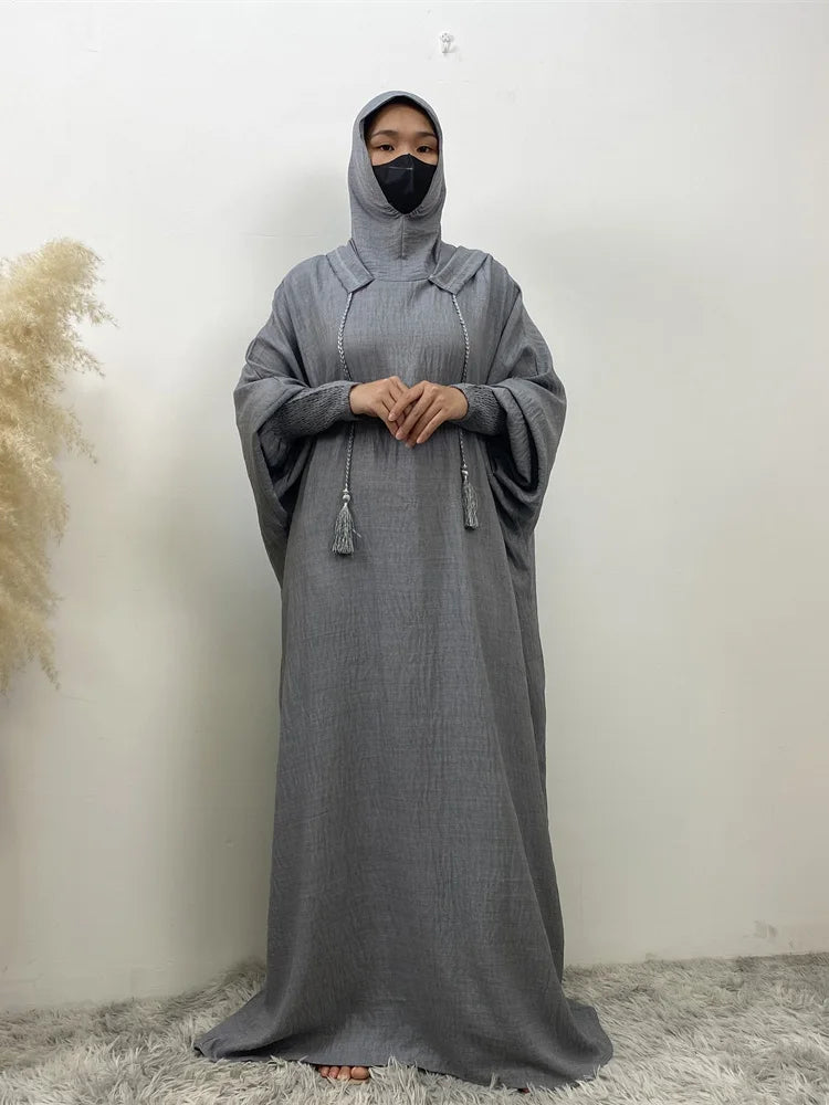 Hot Seller Ramadan Islamic Clothing Wrinkle Polyester Hoodie Abaya Dress With Undercap Muslim Women Abaya Hoodie Causal Dresses
