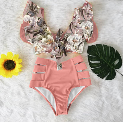 High Waist Ruffled Sexy Bikini Set 2025 Flounce Biquini Swimwear Women Two Pieces Swimsuit Floral Beachwear V-Neck Bathing Suit