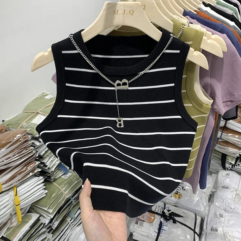 AOSSVIAO 2026 New Waistcoat Women Wear Striped Wide Edge Temperament Summer Top Short Knit Sleeveless Bottom Shirt