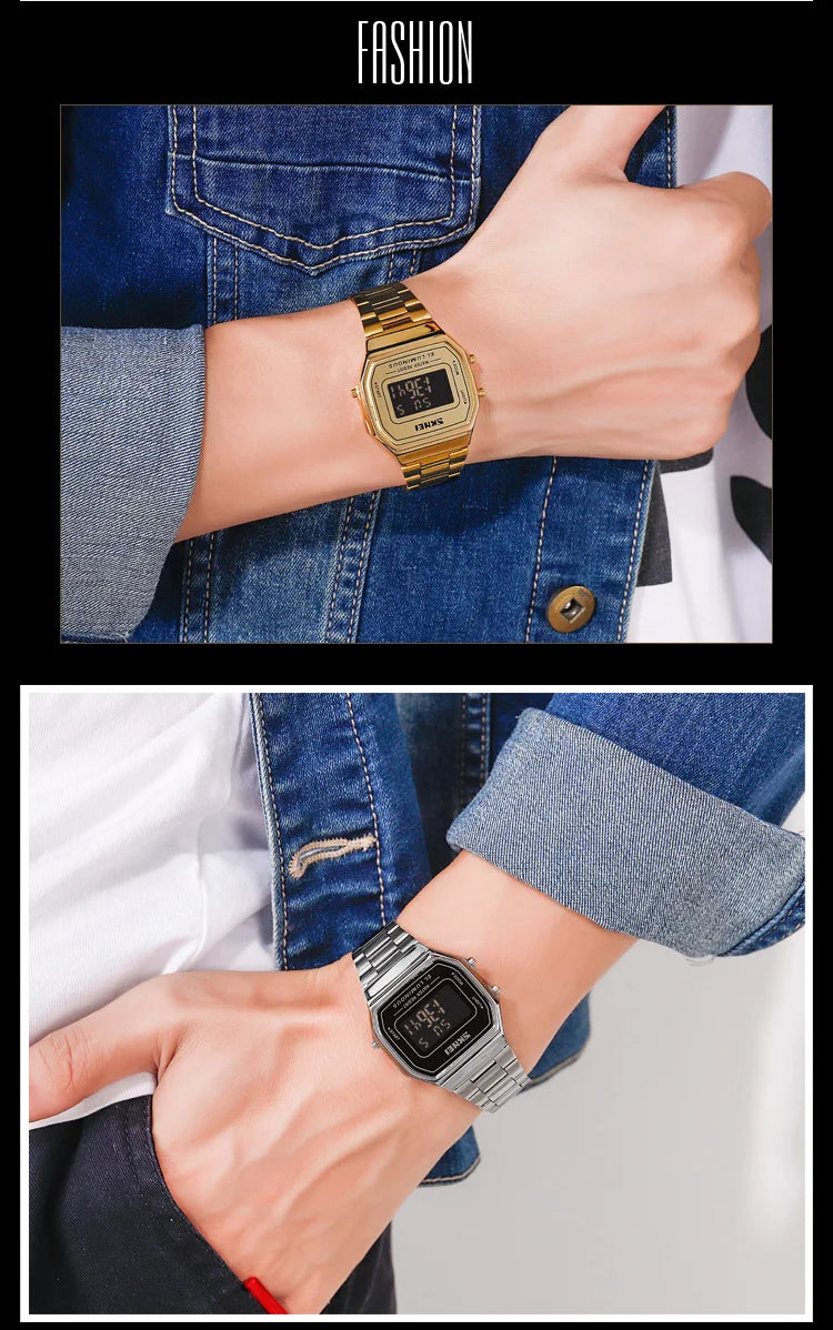 SKMEI 1647 Casual Simple Mens Wristwatches Stainless Steel Band Waterproof Watch Men reloj hombre Retro LED Digital Male Watches