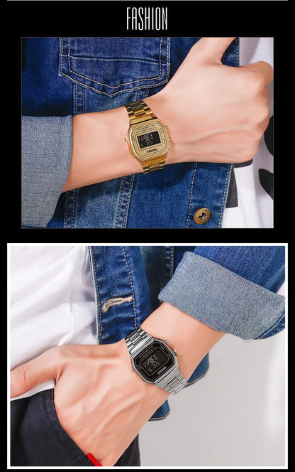 SKMEI 1647 Casual Simple Mens Wristwatches Stainless Steel Band Waterproof Watch Men reloj hombre Retro LED Digital Male Watches