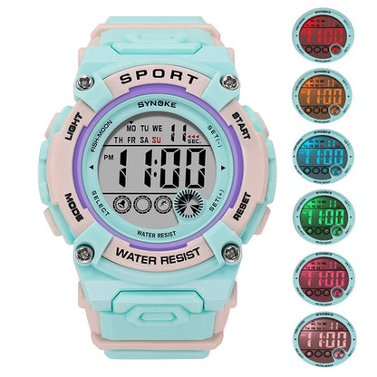 Synoke Shockproof Digital Sport's Watches Fashion PU Strap 50M Waterproof Colorful Light Led Chronograph Women's Wristwatch