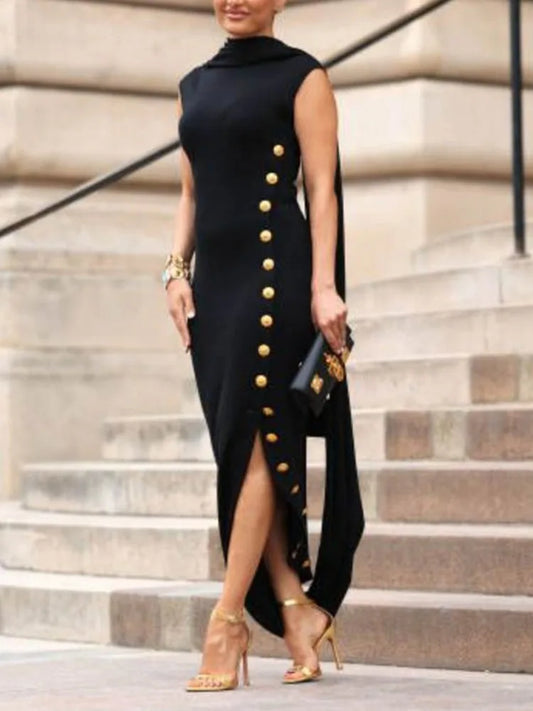 Freeacy Classy Party Dresses for Women Shawl Collar Sleeveless Side-Buttoned Split-side Maxi Dress Elegant Evening Dress