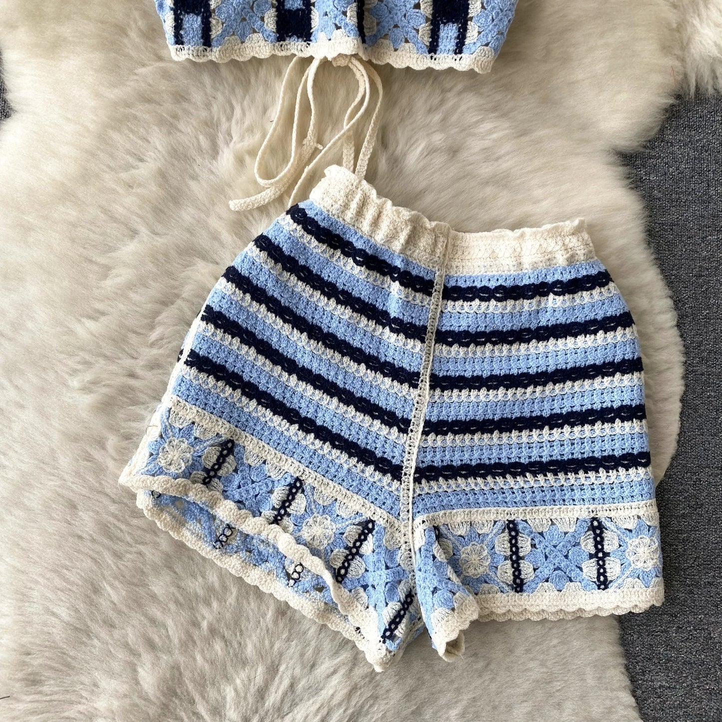 SINGREINY Summer Knit Beach Suit Women Short Camisole+ Hollow Out Wide Leg Shorts Fashion Vacation Stripe Casual Two Pieces Sets