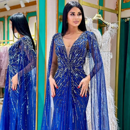 Serene Hill 2025 Turquoise Mermaid Evening Dresses Gowns With Beaded  Cape For Women's Wedding Party LA72168A Customized