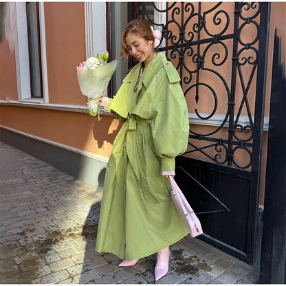 Women Green Lapel Trench Coat Fashion Belted Long Sleeve Loose Outerwear Chic 2025 New Autumn Street Travel Leisure Lady Outwear