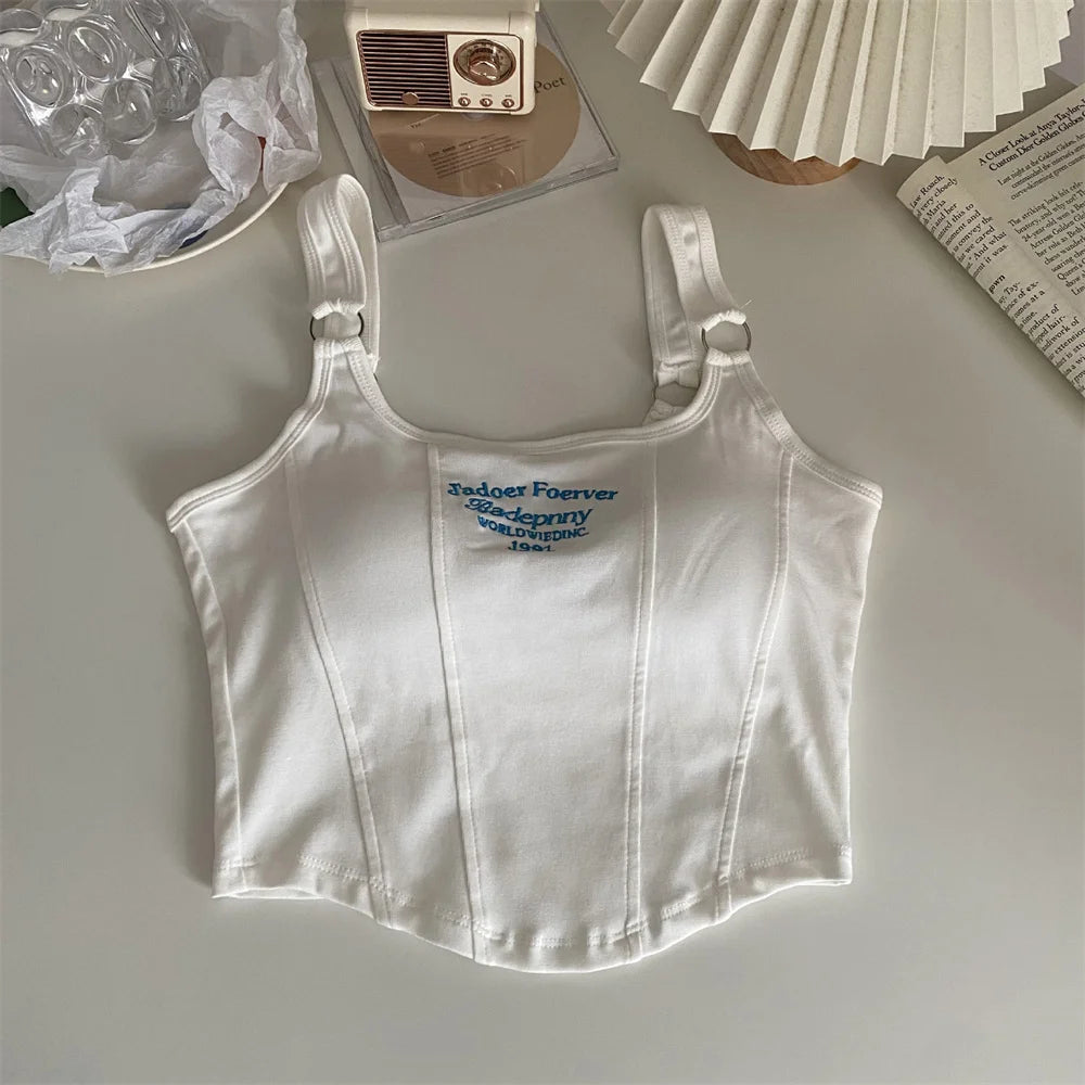 Fashion Embroid Letter Print Crop Tops Women Summer Sexy Streetwear Short Tops Suspenders Sports Tank Top Gym Solid Slim Vest