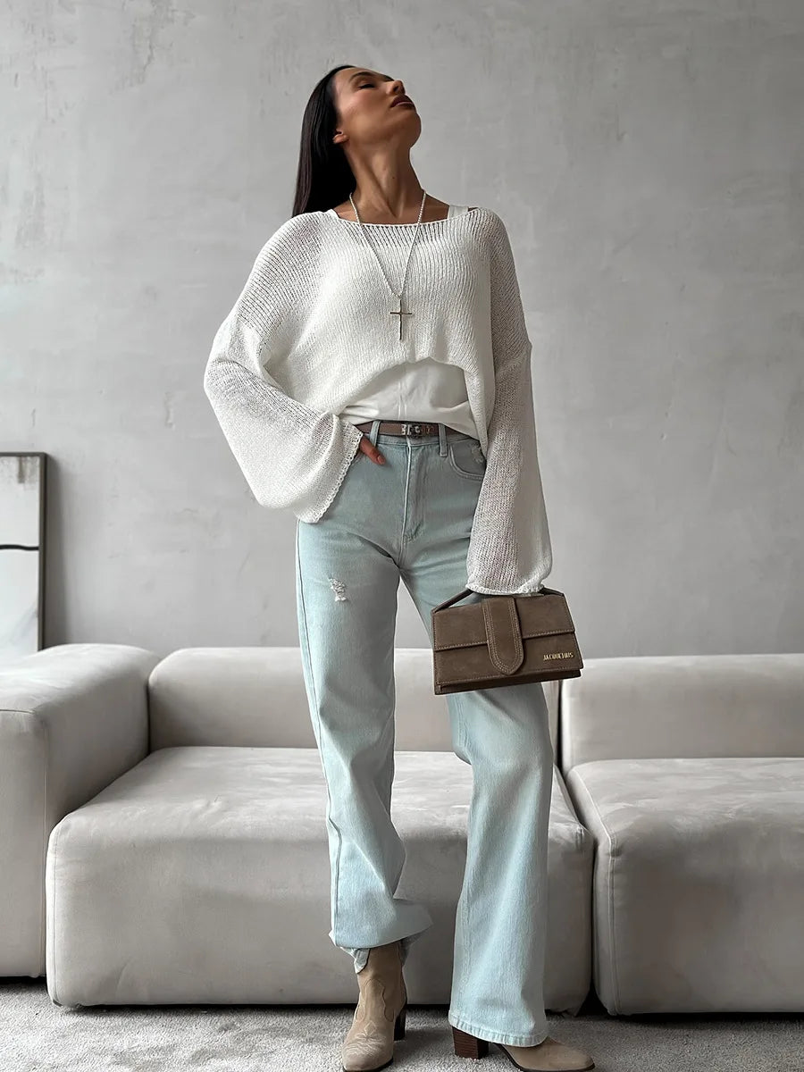 Bornladies Simple Solid Color Long Sleeved Sweater Women's Spring Knitted Hollow Top Loose Versatile Casual Sweater Pullovers