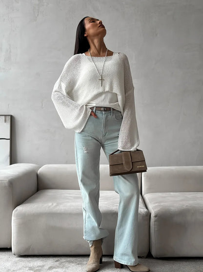 Bornladies Simple Solid Color Long Sleeved Sweater Women's Spring Knitted Hollow Top Loose Versatile Casual Sweater Pullovers