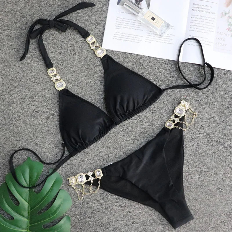 2026 Shiny Rhinestone Diamond Bikini Women Swimsuit Female Swimwear Two Pieces Bikini Set Halter Metal Chains Bathing Suit Swim