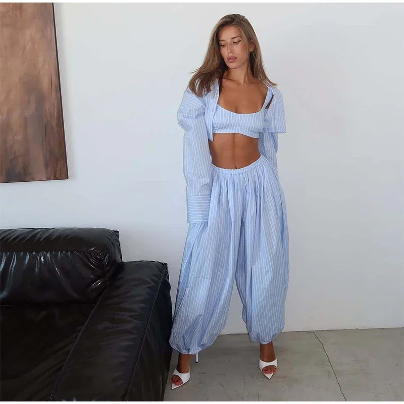 Drop Waist Lantern Pant 3 Pieces Suit Women Stripe Bikini Long Sleeve Lapel Shirt Pants Sets 2026 Female Casual Street Outfit