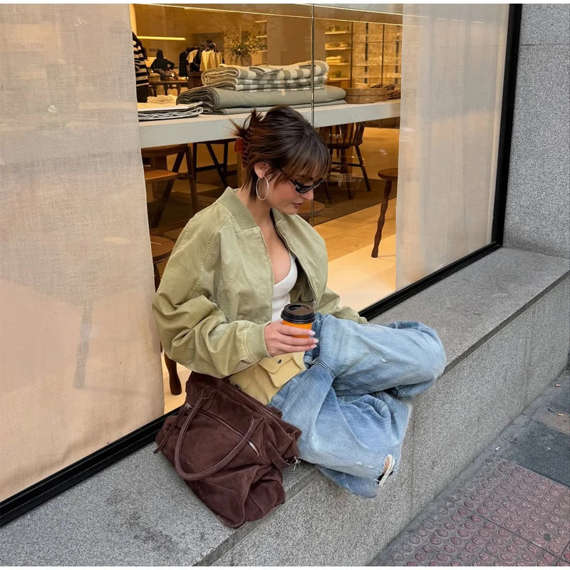 Women Khaki Cropped Bomber Jacket Chic Lapel Zipper Pocket Long Sleeve Short Coat Casual 2026 New Lady Street Daily Crop Outwear