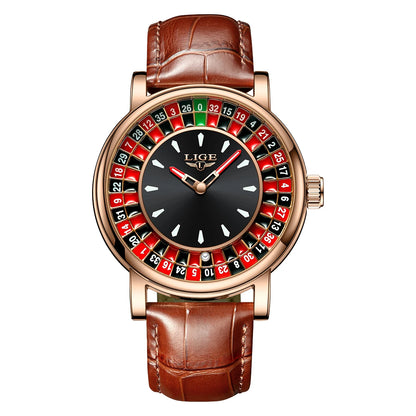 LIGE Quartz Man Watch Fashion Luxury Creative Roulette Game Dial Design Leather Casual Life Waterproof Watches for Men Gifts+Box