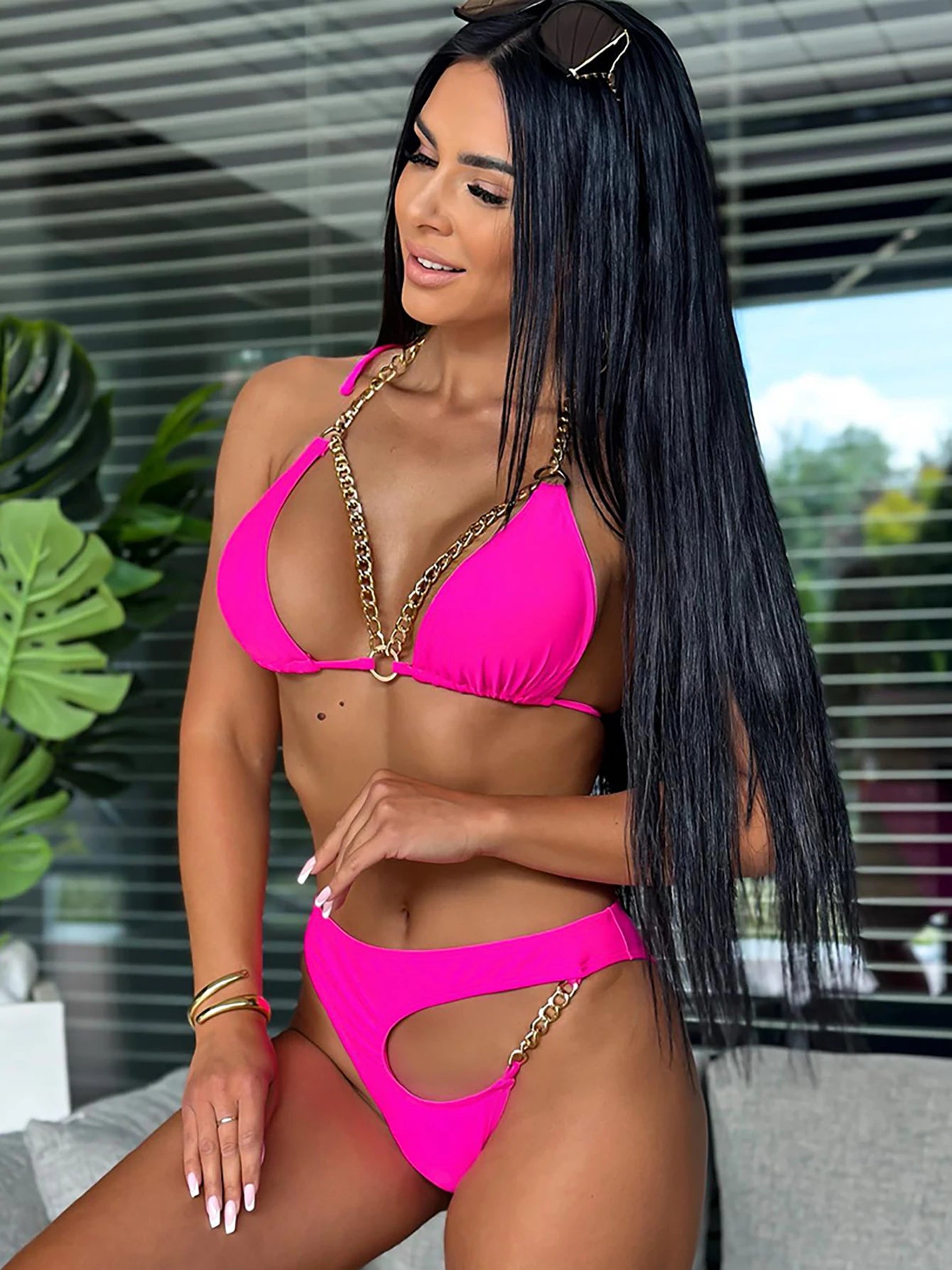 Brazilian Bikini Swimsuit for Women, Ring Linked Halter, Swimwear, Beachwear, 2025