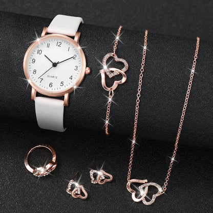 5/6PCS Fashion Women's Quartz Watch Leather Band Analog Quartz Watches with Diamond Jewelry (Without Box)