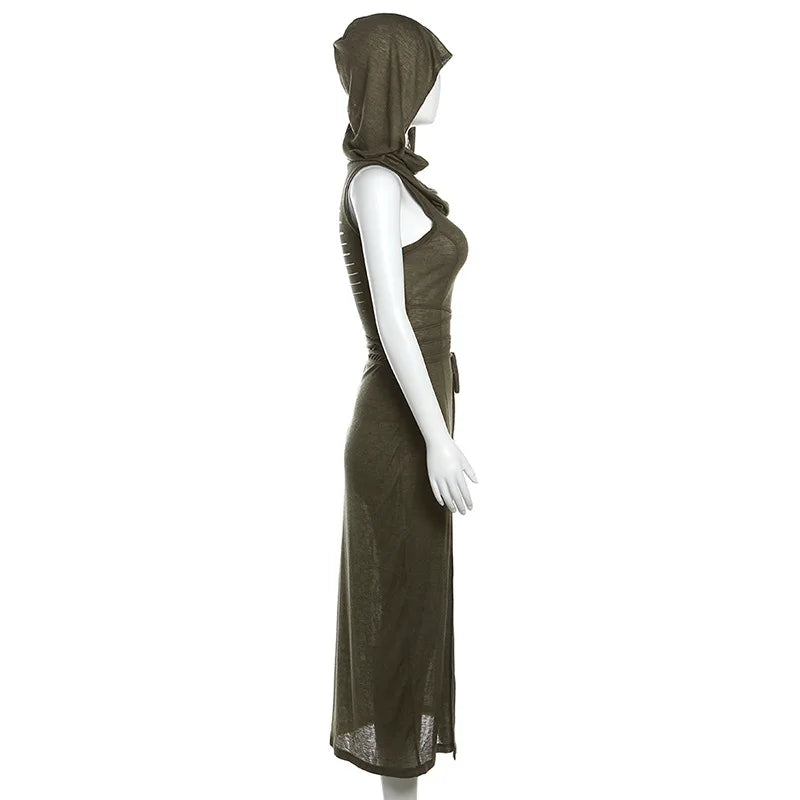 Gothic Ruffles Mesh Sleeveless Midi Hooded Dress Summer Beach Y2K Sexy Split Party Dresses Club Fashion High Street Outfits