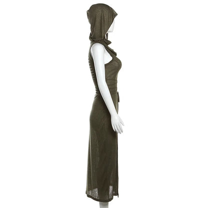 Gothic Ruffles Mesh Sleeveless Midi Hooded Dress Summer Beach Y2K Sexy Split Party Dresses Club Fashion High Street Outfits