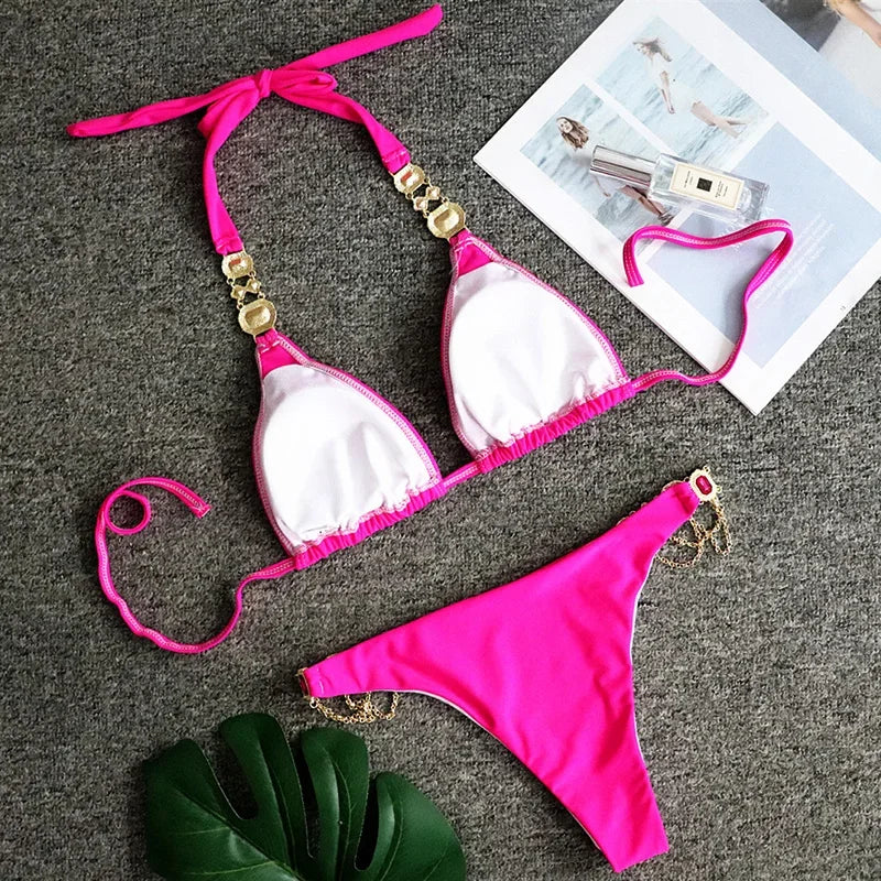 2026 Shiny Rhinestone Diamond Bikini Women Swimsuit Female Swimwear Two Pieces Bikini Set Halter Metal Chains Bathing Suit Swim