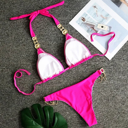 2026 Shiny Rhinestone Diamond Bikini Women Swimsuit Female Swimwear Two Pieces Bikini Set Halter Metal Chains Bathing Suit Swim