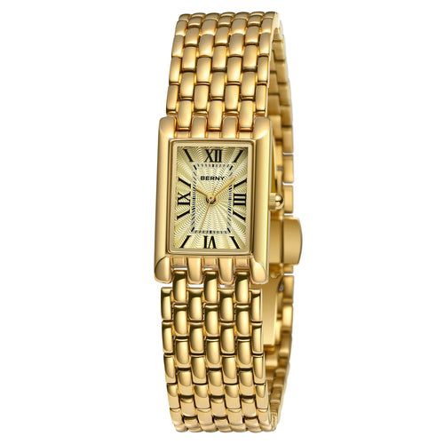 BERNY Luxury Women's Watches Fashion Ladies Square Casual Golden Quartz Watch Solid Stainless Steel Rectangle Girls Wristwatch