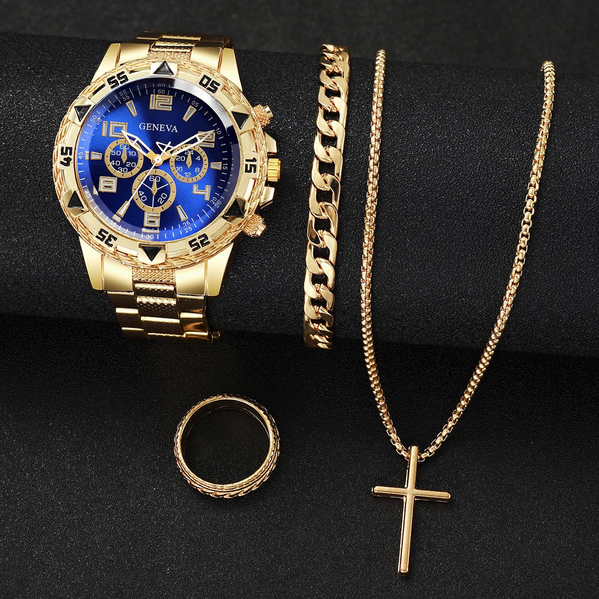 4PCS/Set Fashion Men Business Watches Luxury Big Dial Quartz Watch for Men Clock Jewelry Set Reloj Hombre（Without Box）