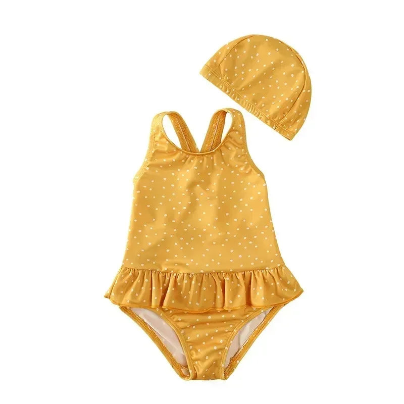Girls Cute Backless Floral One-piece Swimsuit Baby Bikini Swimwear with hat Sun-proof Beach Vacation Toddlers Kids Chic Swimsuit