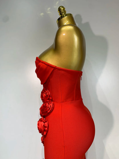 2025 Newest Women Sexy Strapless Backless Red Flower Midi Bandage Dress Celebirty Elegant Evening Club Party Birthday Dresses