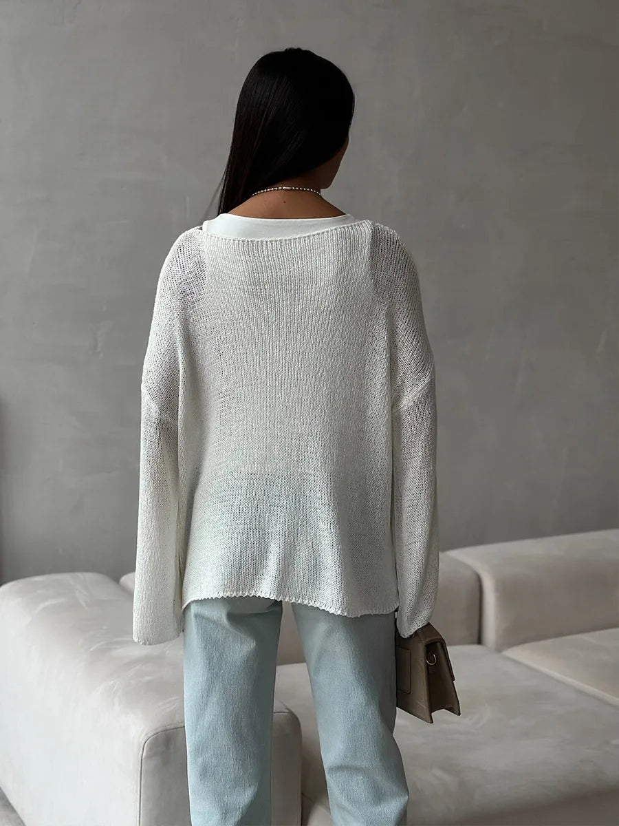 Bornladies Simple Solid Color Long Sleeved Sweater Women's Spring Knitted Hollow Top Loose Versatile Casual Sweater Pullovers