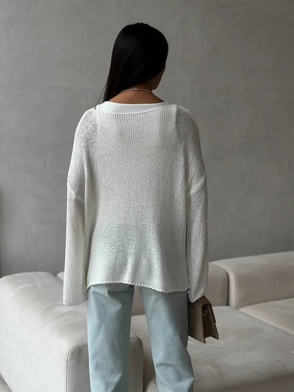 Bornladies Simple Solid Color Long Sleeved Sweater Women's Spring Knitted Hollow Top Loose Versatile Casual Sweater Pullovers