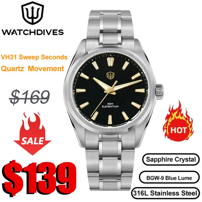 Watchdives 38mm Men Quartz Watch VH31 Sweep Seconds Movement ice Crystal Titanium Waterproof Watches WD0003B WD0003C WD0003D