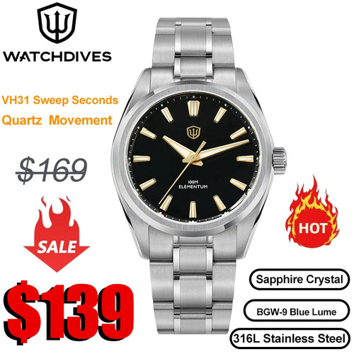 Watchdives 38mm Men Quartz Watch VH31 Sweep Seconds Movement ice Crystal Titanium Waterproof Watches WD0003B WD0003C WD0003D